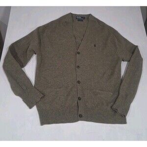 Vtg Mens Polo Ralph Lauren Lambs Wool Cardigan Olive Green XL Preppy Pockets